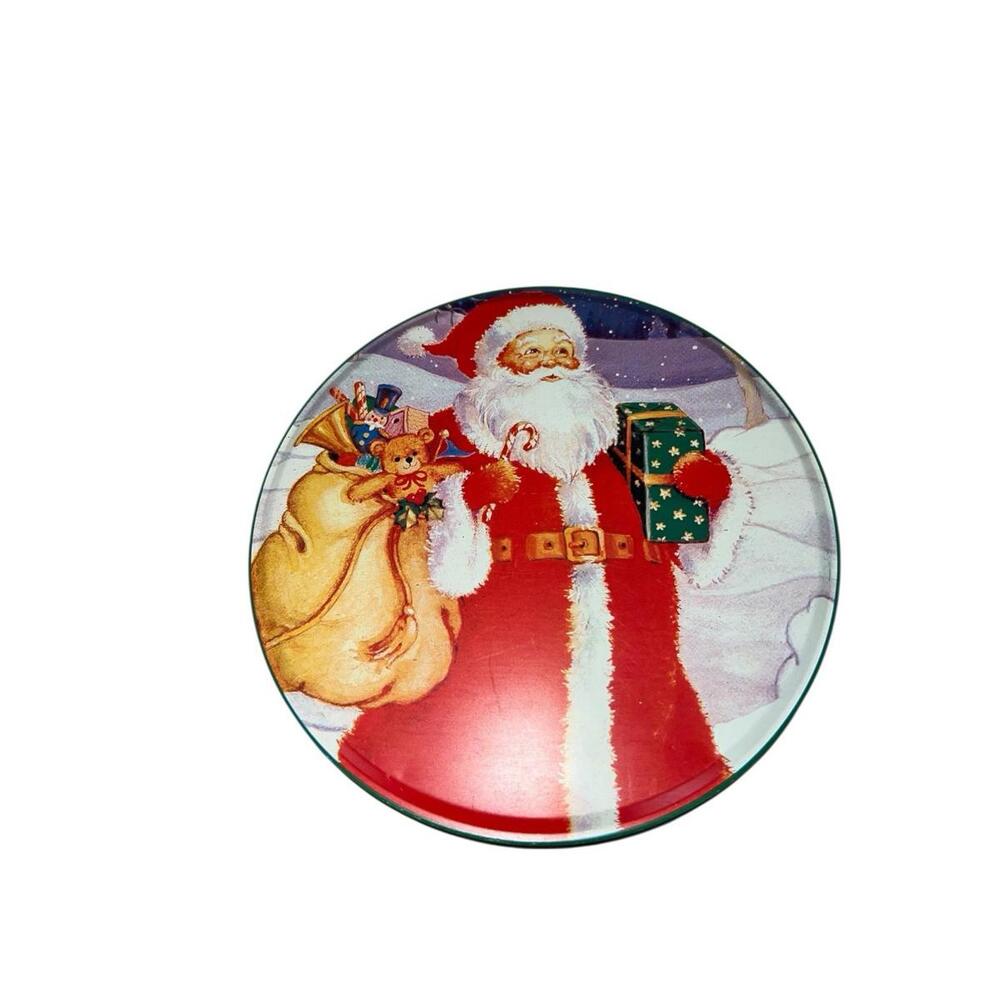 Vtg 1980s 6.5" Round Santa Reindeer Christmas Cookie Tin Decor